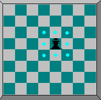 The King - valid moves are to blue-dotted sqares